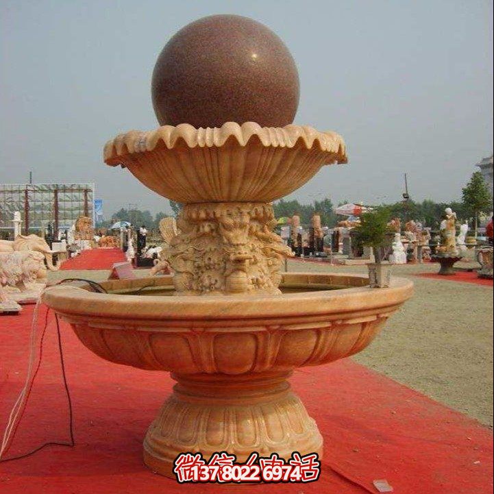 經典中式風水球，黃銹巖浮雕噴泉水