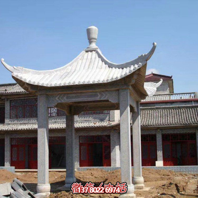 古雅紅晚霞，別墅園林石涼亭石雕長廊