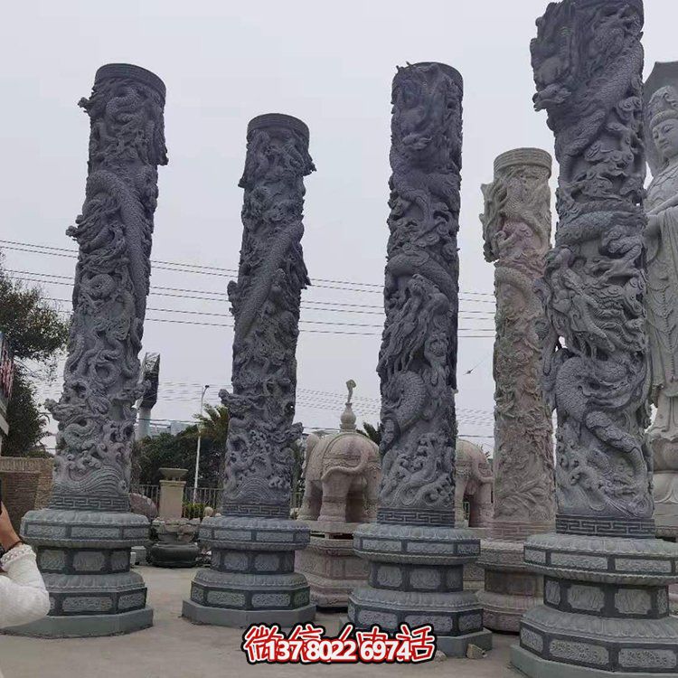 青石浮雕龍柱，精美石雕園林景觀裝飾
