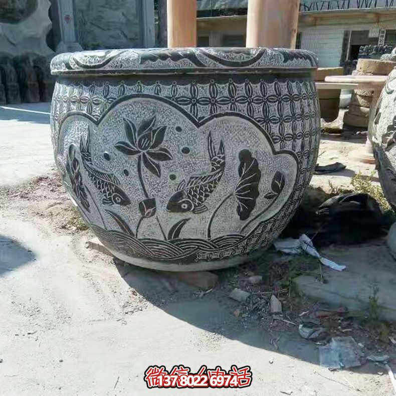 青石雙魚蓮花雕塑，養花缸精美裝飾