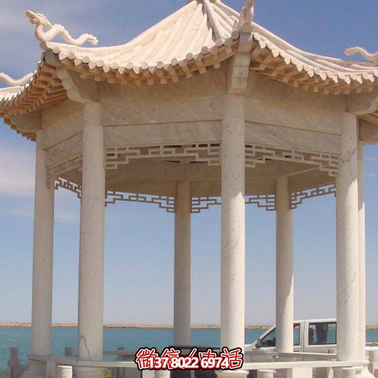 戶外景區大理石晚霞紅八角仿古石雕涼亭